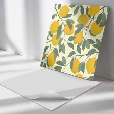 Wallfluent Vinyl Tegels - Botanisch Patroon met Citroen Vinyl Vloer Tegels - 30 cm x 30 cm - Geel PVC Tegels - Verpakking van 9 stuks - Vierkant PVC Tegels - Bloemen En Planten Plaktegels - Zelfklevende Vinyltegels - Plaktegels Keuken en Badkamer