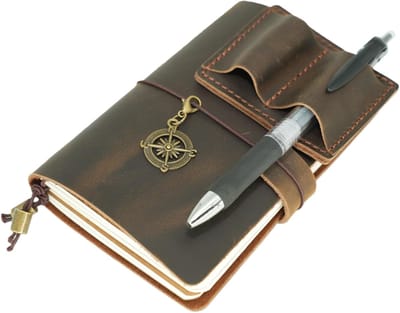 Reisdagboek Cover - Handgemaakt Leer - Notities Maken - Met Kaarthouders - 9x14cm - Donkerbruin