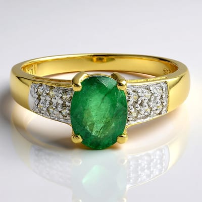 Cavill - Zilveren ring Bahia smaragd 1,01 ct ovaal & 12 Cambodjaanse zirkonen 925 sterling zilver geel verguld elegant