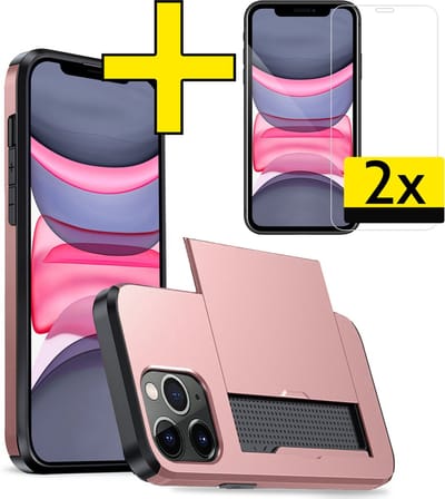 Hoesje Geschikt voor iPhone 11 Pro Hoesje Case Pashouder Hard Cover Met 2x Screenprotector - Hoes Geschikt voor iPhone 11 Pro Hoesje Met Kaarthouder - Rosé goud