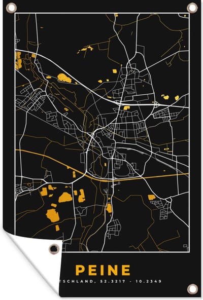 Muurdecoratie Peine - Stadskaart - Black and Gold - Kaart - Duitsland - Plattegrond - 120x180 cm - Tuinposter - Tuindoek