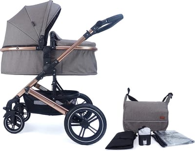 kinderwagen met stoffen kuip, buggy, luiertas, drankhouder, regenzeil, muggennet, aankleedkussen (goud/bruin)