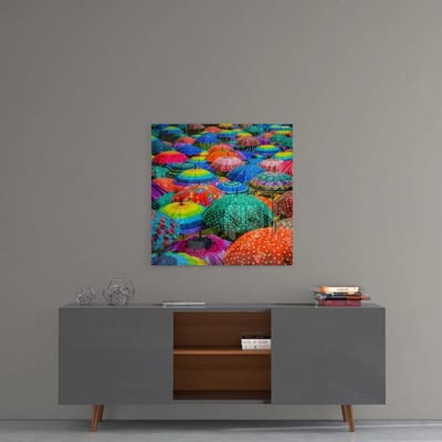 Vierkant Glasschilderij – Kleurrijke Paraplu's – Abstracte Wanddecoratie – Gehard Glas 4 mm - 50x 50 cm