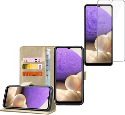 Hoesje geschikt voor Samsung Galaxy A32 5G - Screenprotector Glas - Book Case Portemonnee Hoesje Goud