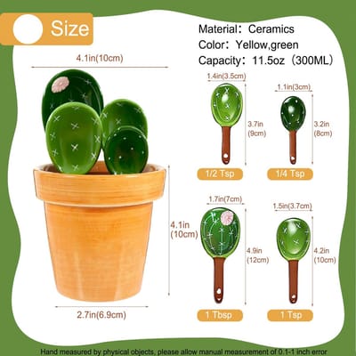 cactus maatlepels set in pot organizer, 5 stuks schattige maatbekers en lepels set voor keuken droog nat meten vloeibaar voedsel zout en suiker Kawaii lepel met basisbeker (groen)