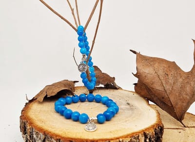 Handgemaakte natuursteen Geluksarmband met hanger "Astrologische Symbolen " Blauwe Agaat" -8 mm diameter van de korrel- Diameter armband 20 cm - Kies je favoriete Astrologische Symbolen - Een mooi cadeau voor familie en vrienden
