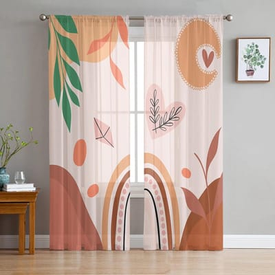 Valentijnsdag Liefde Abstracte Planten Tule Voile Gordijnen voor Slaapkamer Woonkamer Raamgordijn Transparante Gordijnen Organza Draperieën 135W x 114H(cm) white