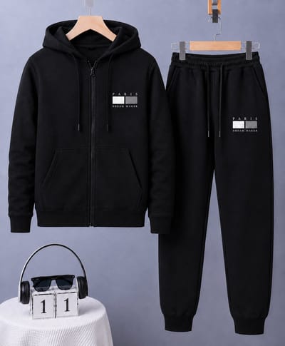 Trainingspak heren – Hoodie met rits en joggingbroek – Zwart – Paris Dream Maker - M