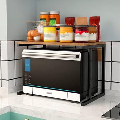 Magnetron Rack, keuken aanrecht organizer, magnetron standaard, Heavy Duty stevige magnetron plank Stand Oven Rack, Hout Staal Oven Rack, Magnetron Werkblad Plank, 2-Tier Keuken Aanrecht