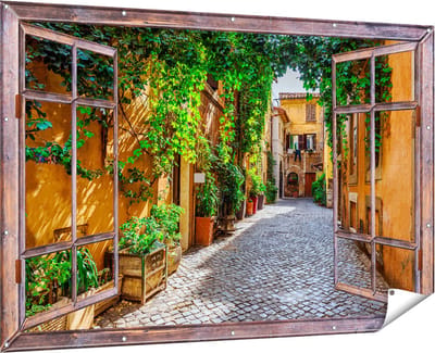Gards Tuinposter Doorkijk Straatje in Rome met Groene Planten - 180x120 cm - Tuindoek - Tuindecoratie - Wanddecoratie buiten - Tuinschilderij