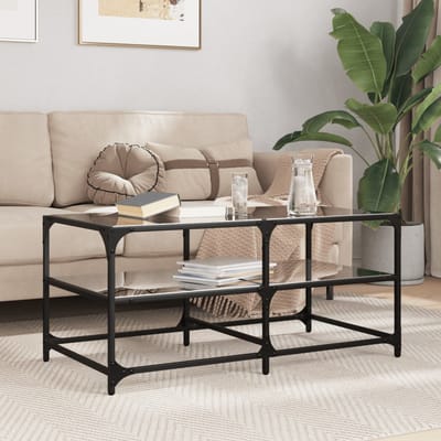 vidaXL - Salontafel - met - zwart - glazen - blad - 98,5x50x45 - cm - staal