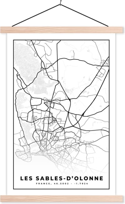 Posterhanger incl. Poster 40x60 cm - Schoolplaat - Stadskaart – Les Sables-d'Olonne - Plattegrond – Kaart – Frankrijk - Zwart wit - Textielposter - Blanke latten - Stadskaart