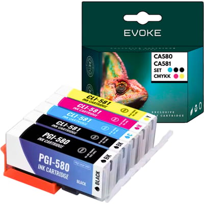 Evoke Compatibele Inkt voor Canon Pgi-580 Cli-581 Pgi580 Cli581 XL 5X: Pgbk Zwart Pigment+Bk Foto Zwart+Cyan+Magenta+Geel 76 ml 3810 Pagina's Pixma Tr7550 Tr8550; Ts6150 6151 6250 6251 6350 6350A 6351