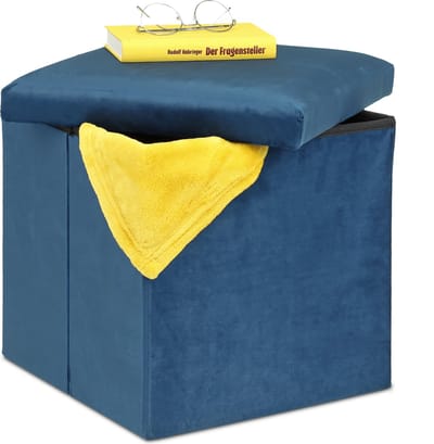 Opvouwbare hocker van MDF en fluweel - Blauwe stoffen voetenbank met opbergruimte - 38 x 38 x 38 cm