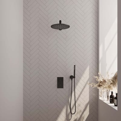 Brauer Black Edition thermostatische inbouw regendouche 3-weg omstelling SET 26 met 30 cm douchekop en rechte muurarm en staaf handdouche en doucheslang en wandaansluitbocht mat zwart