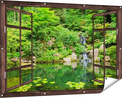 Gards Tuinposter Doorkijk Panorama van Japanse Tuin - 150x100 cm - Tuindoek - Tuindecoratie - Wanddecoratie buiten - Tuinschilderij