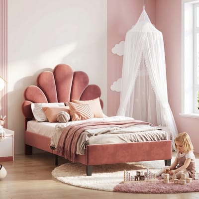 Eenpersoonsbed 90x200 Roze Fluweel – Met Opbergruimte & Bloemen Hoofdbord – Kinder- en Jeugd Bed