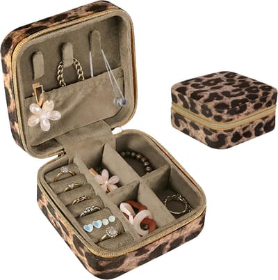 Compacte Reisjuwelendoos, Draagbare Sieradenhouder voor Oorbellen, Ringen en Kettingen, Perfecte Organisator en Cadeau voor Vrouwen en Meisjes met Luipaardpatroon