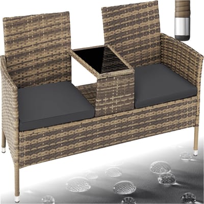 tectake® - wicker tuinbank met tafel, 2-zitsbank, 131 x 61 x 82 cm, bank voor tuinbalkon en terras, tuinbank inclusief zitkussen - natuur/donkergrijs - poly-rattan