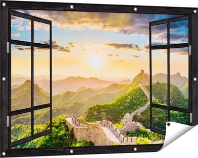 Gards Tuinposter Doorkijk De Chinese Muur door de Bergen met Zon - 120x80 cm - Tuindoek - Tuindecoratie - Wanddecoratie buiten - Tuinschilderij