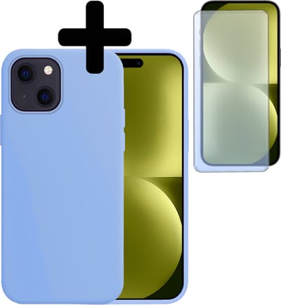 Hoesje - Met Screenprotector - Geschikt voor Apple iPhone 15 - Sterk & Shockproof - Back Cover - Siliconen Case - Telefoon Hoes - Telefoonhoesjes - Lichtblauw