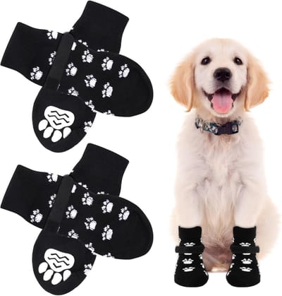 carmdering - Honden Sokken - Antislip Sokken - Gebreide Hondensokken - 4 stuks, katoen, antislip rubber - Maat S/M/L, elastische klittenbandsluiting - Pootafdruk patroon - Beschermt poten en vloeren - Voor kleine honden, binnenshuis