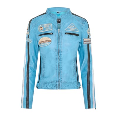 Dames Biker Racing Badges Blauw Leren Jasje-Eastleigh