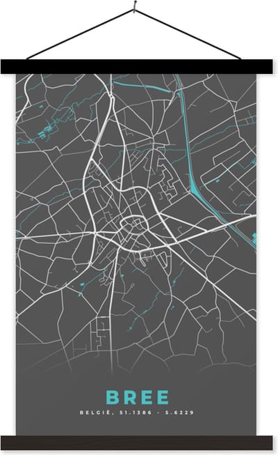 Posterhanger incl. Poster 40x60 cm - Schoolplaat - Plattegrond – Bree – Blauw – Stadskaart - Kaart - België - Textielposter - Zwarte latten - Stadskaart