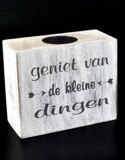 Waxinehouder - Blokvorm - White - Hout - Geniet van de kleine dingen