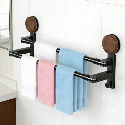 Dailygoods- Handdoekhouder zonder boren - Verstelbare handdoekstang - Zuignap systeem - Tweetraps ontwerp - 15 kg houdkracht - 180 graden rotatie - Opbergrek