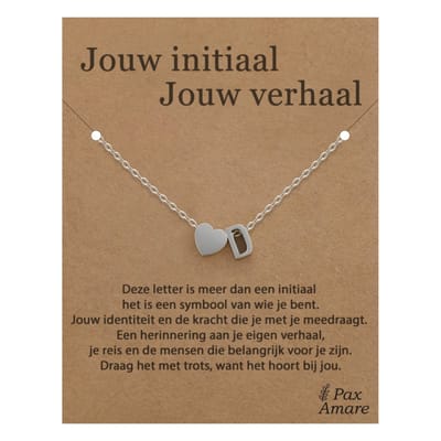 Letter D ketting op Cadeau Kaartje - Jouw initiaal, jouw verhaal - 45cm Zilverkleurig Stainless Steel - Initiaal & Hartje Hanger - Pax Amare