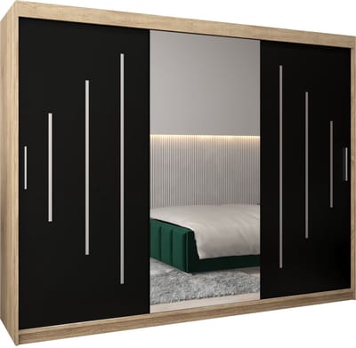 InspireMe - Kledingkast met 3 schuifdeuren, Modern-stijl, Een kledingkast met planken en een spiegel (BxHxD): 250x200x62 - MALTESE I 250 Sonoma Eik + Zwart Mat