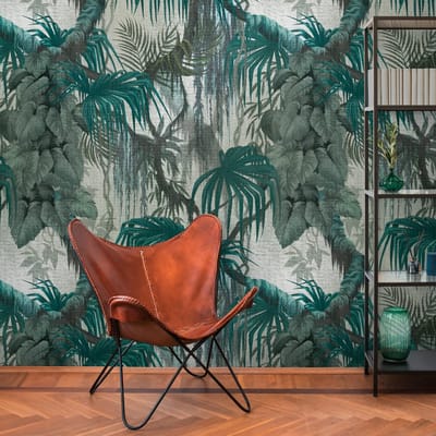 Fotobehang Profhome 398651-GU vliesbehang hardvinyl warmdruk in reliëf glad in jungle stijl mat groen petrol grijs 1,59 m x 2,8 m