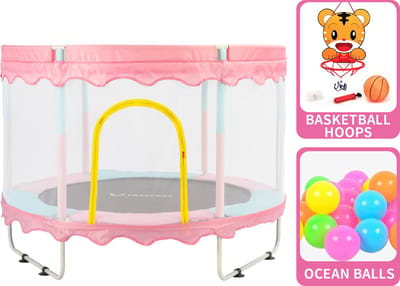 Foxsport Trampoline voor kinderen - Met gevoerde veiligheidshoes - Afsluitbaar veiligheidsnet -Speelgoed voor indoor en outdoor - Ronde - Tot 100kg - 150cm - Roze