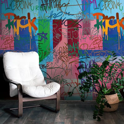 Fotobehang Profhome 398241-GU vliesbehang hardvinyl warmdruk in reliëf glad graffiti mat blauw zuurstokroze groen geel 1,59 m x 2,8 m