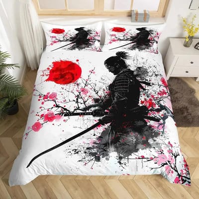 Japanse Samurai Beddengoed Set Queen King Size Kersengebladeren Rode Zon Hokusai Dekbedovertrek Fuji Berg Dekbed Dekbedovertrek US Queen(228*228cm)3pcs