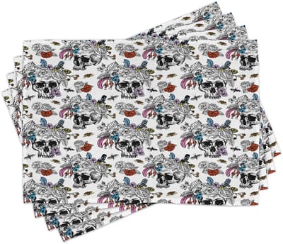 ABAKUHAUS gotische placemats, Día de los Muertos-geïnspireerde schedels met kleurrijke bloemen, Mexicaanse traditie, tafeldecoratie van kleurrijke stoffen voor eetkamer en keuken, veelkleurig