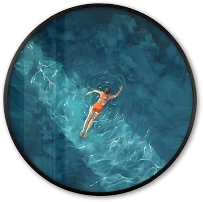 Poster in lijst Rond - Fotolijst 60x60 cm - Posters - Vrouw - Water - Bikini - Oranje - Ronde posterlijst zwart - Decoratie - Wanddecoratie woonkamer - Muurdecoratie slaapkamer