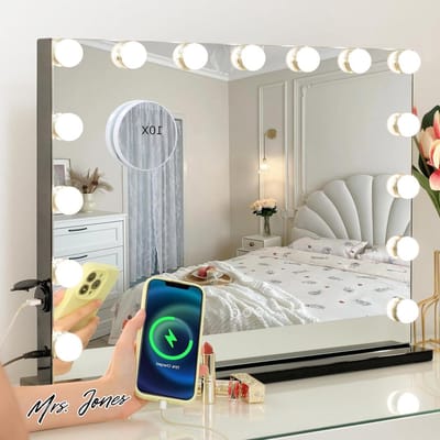 Mrs. Jones Hollywood Vanity Make-upspiegel met verlichting 58 x 45 cm 15 ledlampjes 3 kleurmodi touch-bediening tafelspiegel cosmeticaspiegel vanity-spiegel met USB-oplaadaansluiting 10x vergrotend .