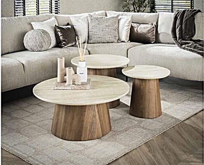 Salontafel travertin keramiek set van 3 rond - Japandi - 80x80x35 cm
