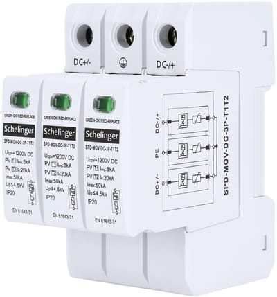 Schelinger Overspanningsbeveiliging 3-polig T1+T2 (B+C) - 1200V DC - 50kA - DIN-rail 35mm - SPD 3-module - IP20