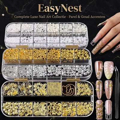 3D Nail Art Charms Set – Gouden Nail Gems, Zilver & Wit Parels en Sterren – Nail Decoratie voor Gelnagels, Acrylnagels en DIY Nail Art