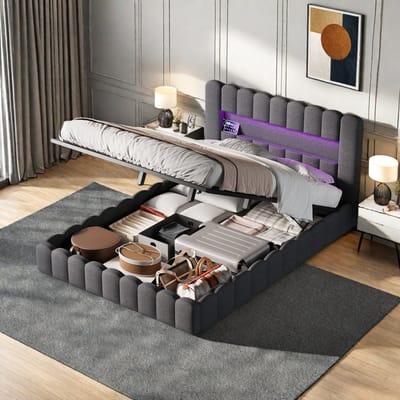 Gestoffeerd Bed 180x200 cm Met Opbergruimte en Lattenbodem - Tweepersoonsbed Met USB-C - Hydraulisch Opbergbed Met LED - Linnen - Grijs - Zonder Matras