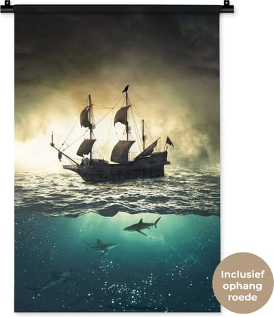 Wandkleed - Wanddoek - Boot - Haai - Zee - 60x90 cm - Wandtapijt