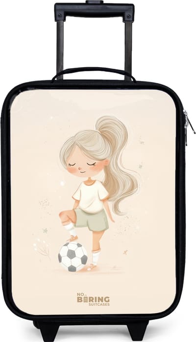 NoBoringSuitcases.com® - Kinderkoffer jongen - Kindertrolley meisje - Meisje met een voetbal in beige kleuren - Koffer kind lichtgewicht - Reiskoffer trolley voor kinderen - Koffertje met lichtgevende wieltjes - Rolkoffer zwart