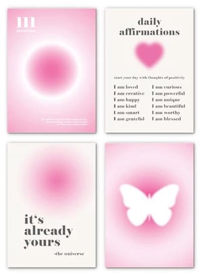 Decoratieve Posterset - Set van 4 - 30 x 42 cm - Wanddecoratie voor Slaapkamer en Woonkamer - Tienerroze - Esthetische Affirmaties (DIN A3)