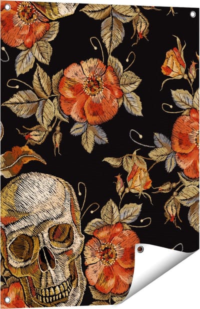 Gards Tuinposter Doodshoofden met Bloemen - Schedels - 60x80 cm - Tuindoek - Tuindecoratie - Wanddecoratie buiten - Tuinschilderij