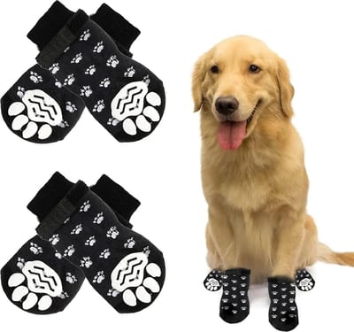 Antislip hondenkattensokken - antislip hondensokken - verstelbare hondensokken - Bescherming voor Kleine en Middelgrote Honden - geschikt voor kleine of grote honden en katten - 2 paar (L, zwart)