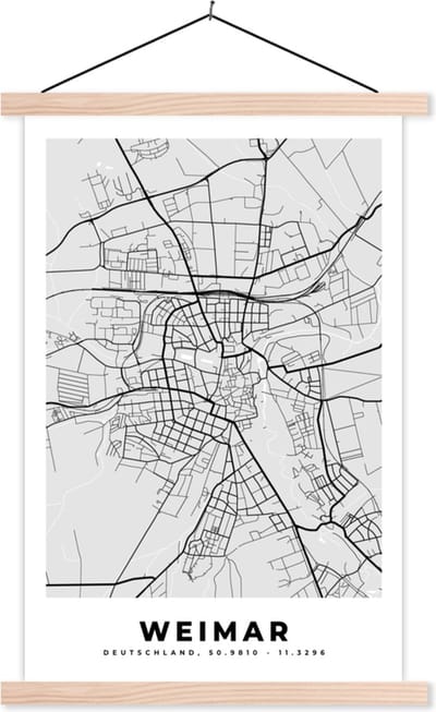Posterhanger incl. Poster 40x60 cm - Schoolplaat - Kaart - Plattegrond - Duitsland - Weimar - Stadskaart - Textielposter - Blanke latten - Stadskaart
