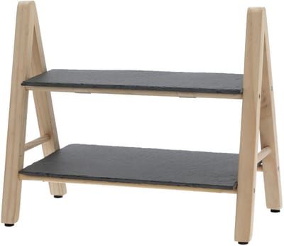 Dailygoods- Etagère 2 laags - Leisteen/planken - Grenenhout - 32 x 18 x 28 cm - Robuust - Elegant woonaccessoire - Opbergmeubel
